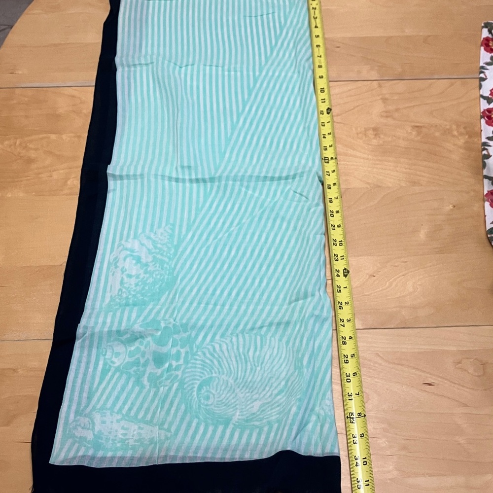 Striped light scarf Aqua Green and White dark Navy trim